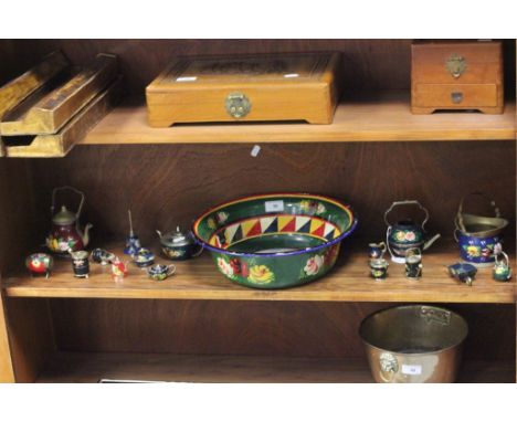 Bargeware Bowl with Handpainted Hunting Scene together with a Group of Small Bargeware Items including Kettles, Coal Scuttles