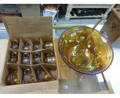 Boxed Carnival Glass punch bowl with ladle, hooks and 11 glasses