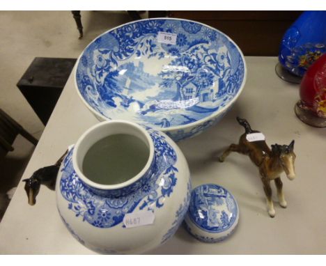 A Spode blue and white Italian pattern vase and cover, along blue and white bowl and two Beswick horses  