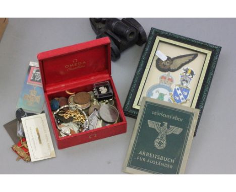 Box of mixed interesting items to include; WW2 German passport, badges, framed Air Gunner patch
