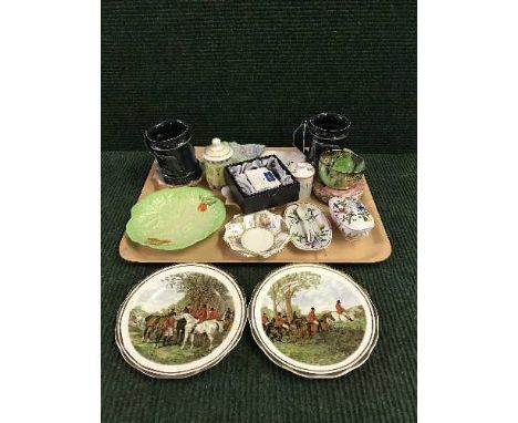 A tray of boxed Caithness pebble paperweight, Maling lustre pieces, hunting plates, pottery tankard etc 