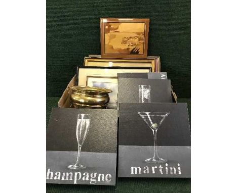 An embossed copper storage box and mag rack, box of pictures and canvas, brass charger and planter 