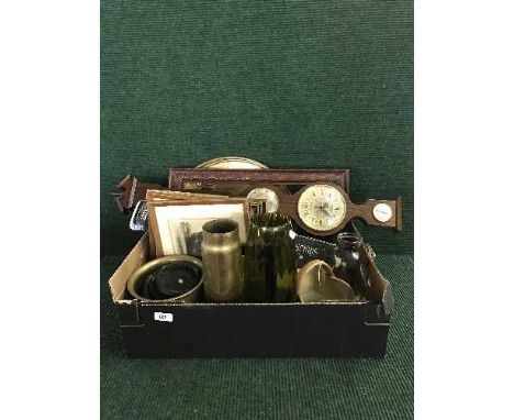 A box of barometer, framed pictures, shell casing, wall plaque etc 