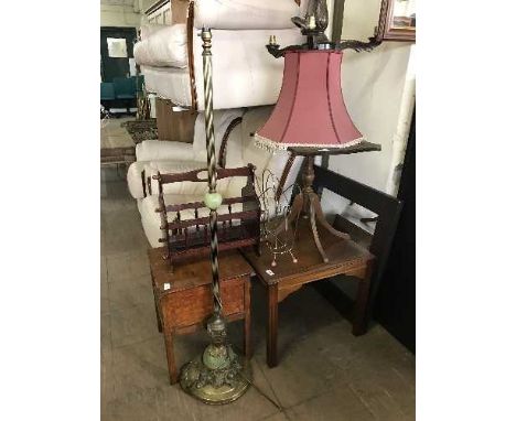 A lamp table, leather topped wine table, standard lamp, two mag racks, light fittings, leather framed mirror etc 