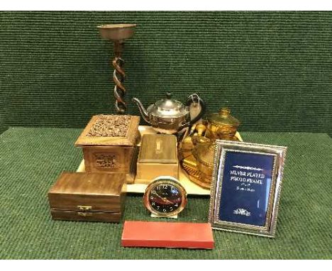 A tray of oak candlestick, plated teapot, wooden table boxes etc 