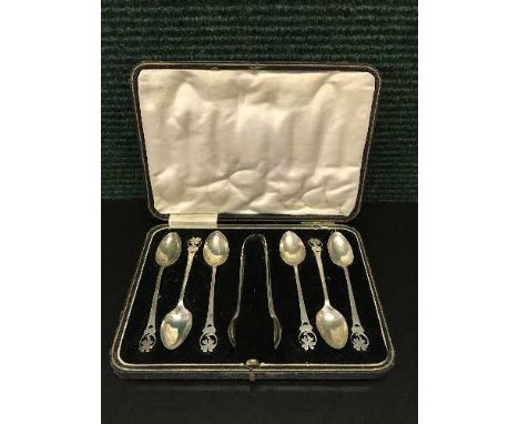 A set of six cased silver teaspoons with tongs, Sheffield 1952