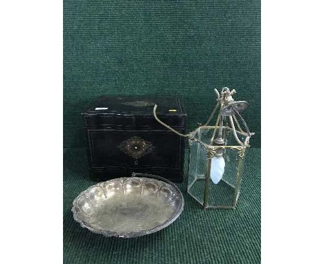 A tray of late 19th century French lacquered decanter box, gilt and glass light fitting, EPNS swing handled basket 