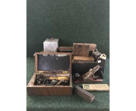 A pine tool box, table grinder together with a box of vintage hand tools, tap and die set etc
