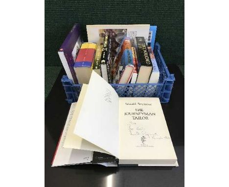 A box of hard backed books including two by Gerald Seymour signed by the author, two by Paulo Coelho signed by the author, Ha