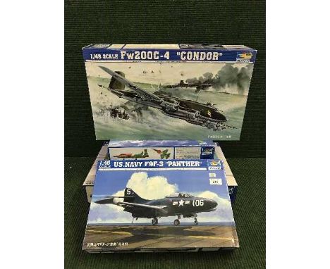 Five Trumpeter model kits including 1:48 scale including a US Navy Panther (2), Wellington MK.3 etc, all parts boxed.