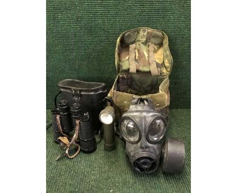 An Army bag containing gas mask and torch, set of cased Frank Nipole binoculars