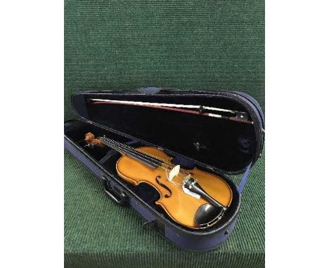 A Viola labelled within Zeller with deluxe carrying case and bow, 15'' back.