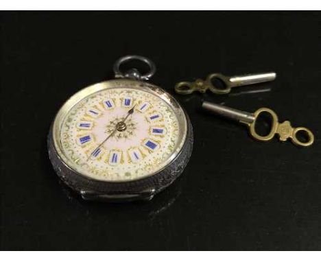 A continental silver and enamel fob watch with two keys, in a vintage leather box.