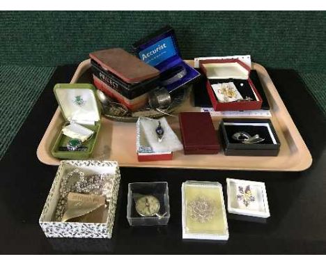 A tray of lady's wrist watch, costume jewellery, earrings 2008 UK proof coin set, compass etc 