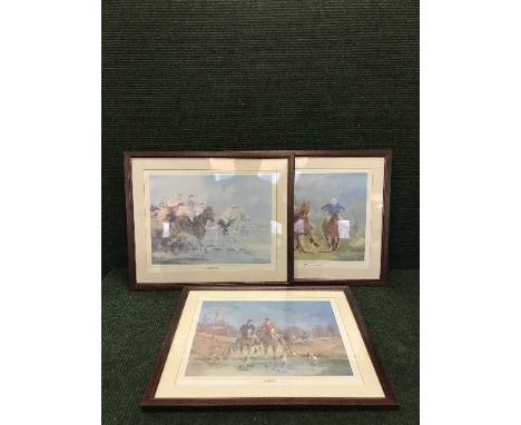 Three mahogany framed prints - polo, horse racing and hunting scenes, a print of Great Western Steam Train and one other 