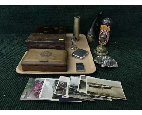 A tray of wooden table boxes, Newcastle Brown Ale lighter, hunting horn, desk bell etc 
