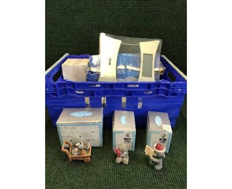Two boxes of Argos sewing machines, light fittings, teddy ornaments, bath scales etc.