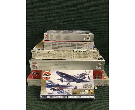 Seven Airfix modelling kits - 1:72 scale including BAE Nimrod, Dambuster 617 squadron RAF plane etc, all parts boxed.