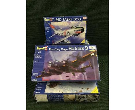 Five Revell model kits - Including F-86D Sabre dog, Handley page Halifax B, Handley Page Victor K mark II etc, all parts boxe