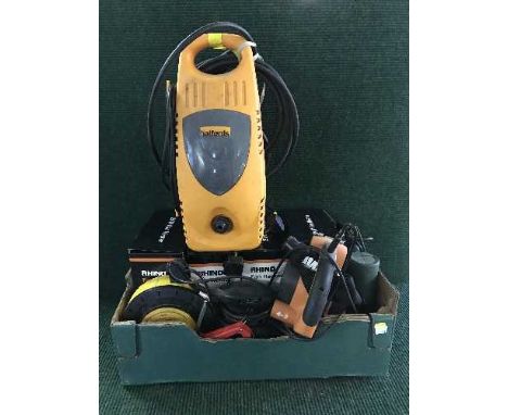 A box of power tools, extension leads, three fan heaters, hedge trimmer, pressure washer etc