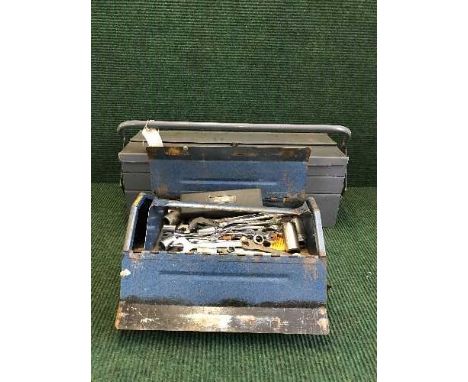 Two metal tool boxes containing hand tools