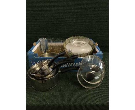 Three boxes of glass ware, pan set, light fittings etc.