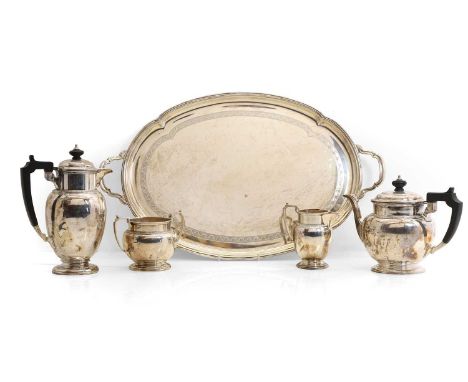 A composed silver tea service, comprising a teapot, hot water pot, cream jug, and sugar bowl, by Mappin &amp; Webb, Sheffield