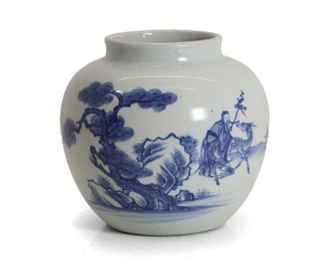 A Chinese blue and white jar, of ovoid form, painted with a literatus with a deer in a landscape, accompanied by an attendant