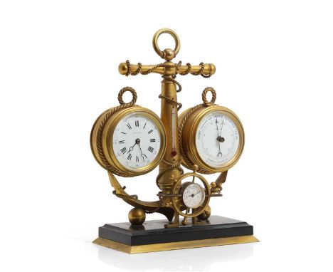 A Nautical gilt cased clock / barometer desk stand, c.1880, French, sold by Ladyman, Liverpool, with calendar, in the form of