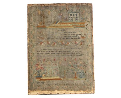 A needlework sampler, dated 1829, by Mary Haines, with a verse 'To Virtue', within a scrolled border, with a house a tree and