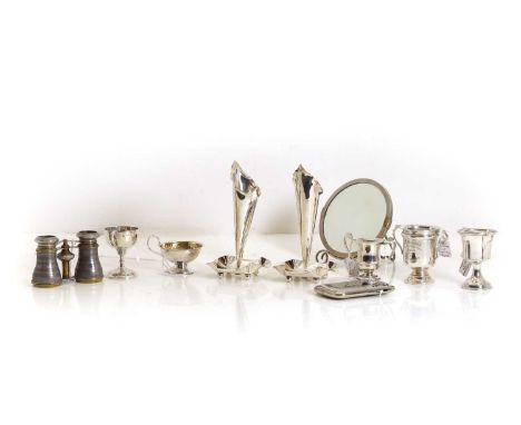 A silver tasting cup, 925 silver, the planished body with silver gilt interior, 6.5cm diameter, together with four silver twi