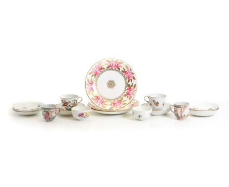 A collection of porcelain, mainly 19th century, comprising: a pair of Meissen style cups and saucers printed with birds, cups