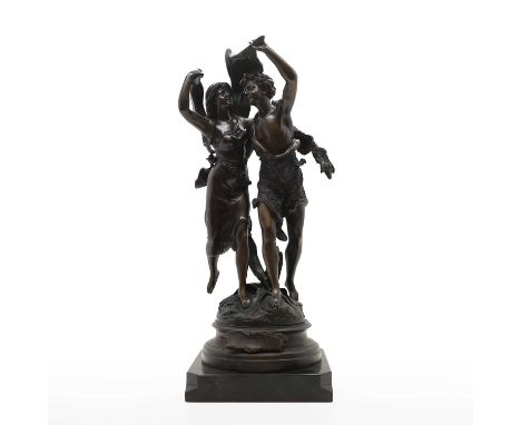 A modern bronze figure group, on a square plinth with inscription 'L'Amour' to plaque on the base, 66cm highCondition ReportG