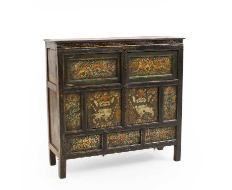 A painted Tibetan cabinet,  20th century, decorated with tigers and jungle foliage,  height 82.5cm width 85.5cm depth 31cm Pr