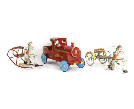 A Leeway Flyer pedal train, c.1950s, wooden, hand painted and complete with bell, 45cm wide, 112cm long, 64cm high, together 