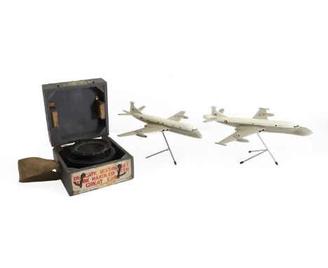 A World War II RAF type P8 Compass, 20th century, together with two model plastic model jets, one a Nimrod AEW3, the other a 