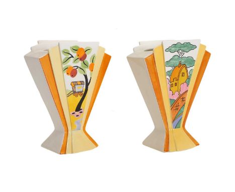 ▲ A pair of Clarice Cliff 'Sunray' vases, for Wedgwood, comprising 'Caravan' number 138 and 'Orange Roof Cottage', number 207