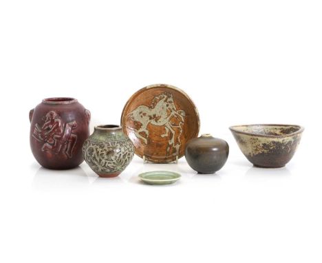 A group of six Royal Copenhagen ceramics, comprising three vases, two bowls, and one small plate,the largest vase12cm high (6