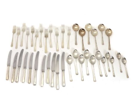A silver Harley pattern canteen of cutlery, Sheffield 1991, comprising six dinner forks, five silver handled dinner knives, s