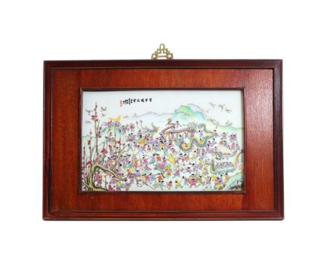 Chinese famille verte porcelain panel,  'hundred boys' celebrating the spring festival, calligraphy inscription to the top, 2