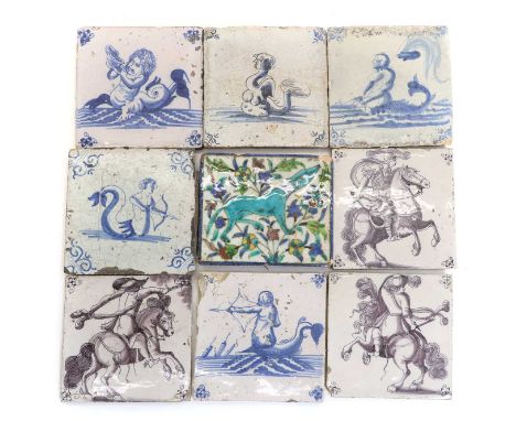 A collection of eight Delft pottery tiles, 18th and later, Dutch, comprising examples painted with mythical sea creatures, in