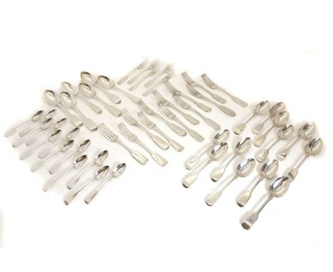 A composed silver Fiddle Pattern dinner service, comprising Georgian and Victorian examples, twelve dinner forks, five salad 
