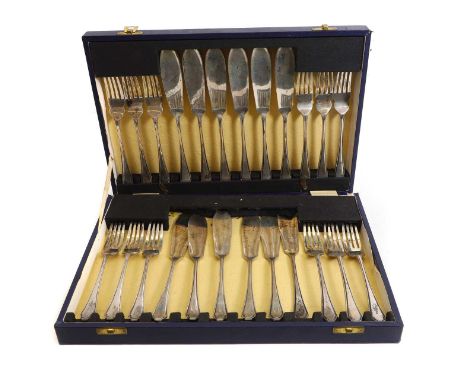 A cased set of twelve fish knives and forks, by Frank Cobb &amp; Co Ltd, Sheffield 1943,knives 20.5cmforks 17.5cm37.9ozt (12)