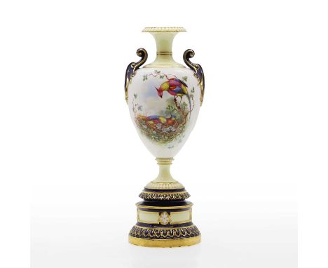 A Royal Worcester porcelain twin-handled vase, early 20th century, pattern 1969, enamelled with exotic birds, indistinct fain