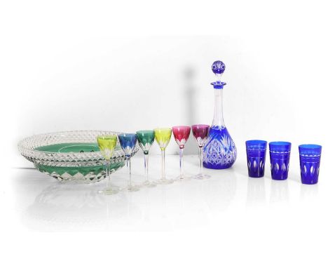 A collection of Val St Lambert glassware, to include a decanter, with rachet cut detail and blue overlaid decoration, 29.5cm 