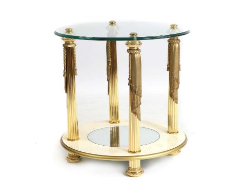 A modern side table, with a circular glass top, column, and drape supports, on a circular stand, centred with a mirror, 62cm 