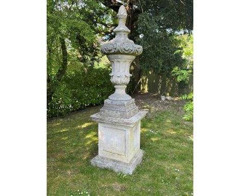 A massive reconstituted garden urn on stand, modern, 250cm high,plinth, 74cm square, 75cm highCondition ReportBase cracked