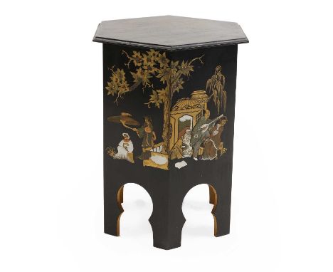 A Chinese octagonal occasional table,  lacquered, 20th century, decorated with a pagoda scene,  height 58cm width 48cm depth 