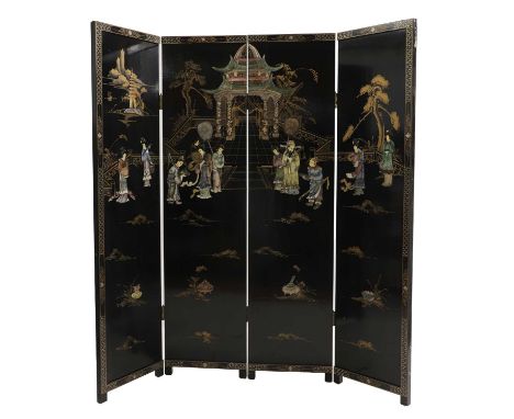 A fourfold Chinese lacquered screen,  20th century, with plastic inlay,  182cm wide 2cm deep 183cm high Provenance: The Clock