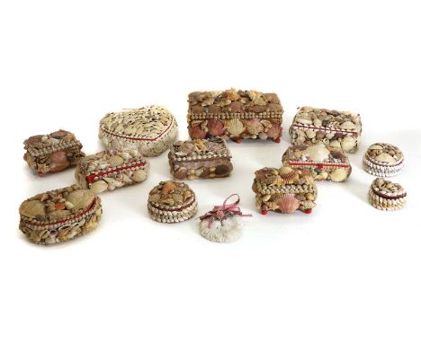 A collection of shellware boxes, including circular examples, and a larger heart shaped box, 22cm wide (qty)Condition ReportL